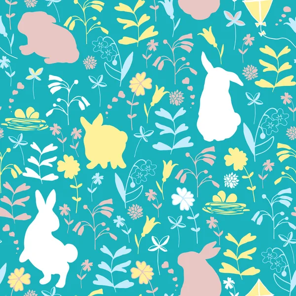 イースターシームレスパターン 青い背景に花とウサギ — ストックベクタ