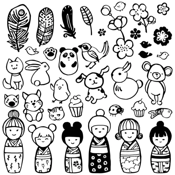 Cute Animals Kokeshi Dolls More Style Kodomo Hand Drawn Miniatures — Stock Vector