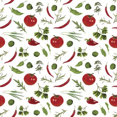 Beyaz bir arka plan üzerinde iştah açıcı otlar ve baharatlar. Dikişsiz desen.