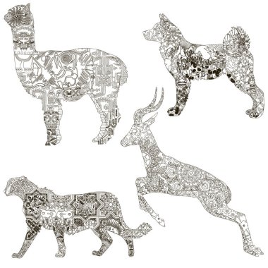 A set of animal symbols of the different countries. Akita - Japan, Asiatic cheetah - Iran, alpaca - Peru, Gairan - Uzbekistan. Decorated with ethnic ornaments. clipart