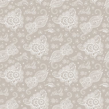 Bej arka plan süslü beyaz desenler. Dikişsiz desen.