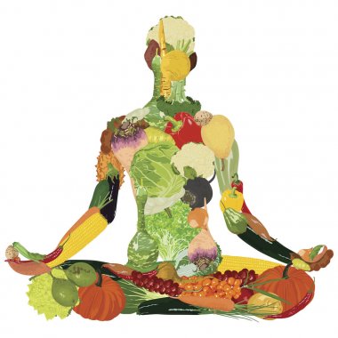 Yoga ve sağlıklı yemek. Beyaz bir arka planda sebze silüeti.