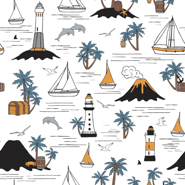 Stylized Sea Hand Drawn Cute Boats Lighthouses Seamless Pattern — Stock Vector