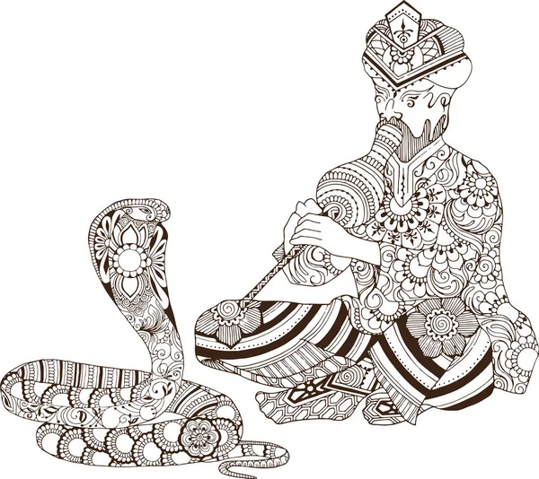 Encantador Serpiente Silueta Hombre Jugando Pungi Cerca Una Serpiente Dibujado — Vector de stock