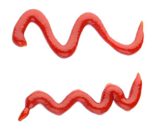 Dvě Červené Kečup Křivky Šplouchání Izolované Bílém Pohled Shora — Stock fotografie