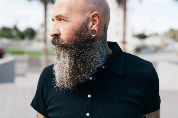 Portrait Mature Male Hipster Grey Beard Earring Plug Head Shoulders — Stock Photo, Image