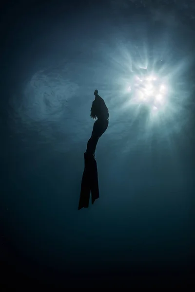 Underwater View Silhouetted Female Free Diver Moving Sun Rays New — Stock Photo, Image