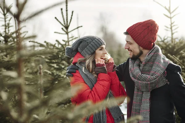 Счастливая Молодая Пара Рождественском Лесу — стоковое фото