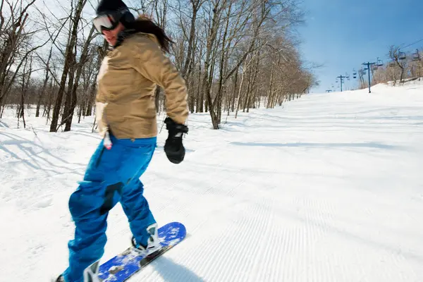 雪斗篷森林中的女子滑雪板 — 图库照片