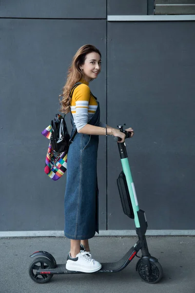 Young Woman Long Brown Hair Standing Electric Scooter — Stock Photo, Image