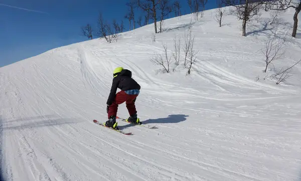 Vista Trasera Del Niño Esquiando Una Pista Vasterbottens Lan Suecia —  Fotos de Stock