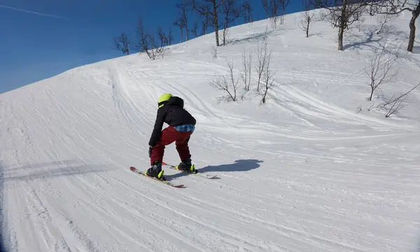 Οπίσθια Άποψη Του Boy Skiing Μια Πίστα Στο Vasterbottens Lan — Φωτογραφία Αρχείου