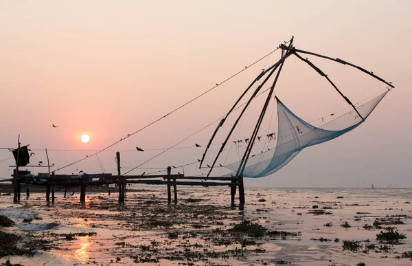 Quai Filets Pêche Sur Plage Coucher Soleil Kochi Kerala Inde — Photo