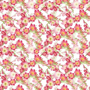 kırmızı çiçek frezya, arka plan, Dikişsiz tropic desen suluboya resim dalda güzel buket. Yazdırma için kumaş, duvar kağıdı, ambalaj kağıdı, tekstil desig çizim