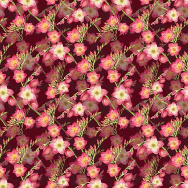 kırmızı çiçek frezya, kırmızı bir arka plan, Dikişsiz tropic desen suluboya resim dalda güzel buket. Yazdırma için kumaş, duvar kağıdı, ambalaj kağıdı, tekstil desig çizim