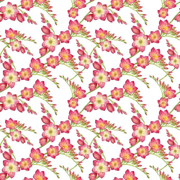 赤い花フリージア 熱帯のシームレスなパターンの水彩イラストの背景に美しい花束支店 ファブリック 包装紙 織物設計の図面の印刷 — ストック写真