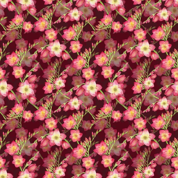 红花小苍兰 美丽的花束枝上红色的背景 无缝的热带图案水彩插图 包装纸 纺织花样的印刷图纸 — 图库照片