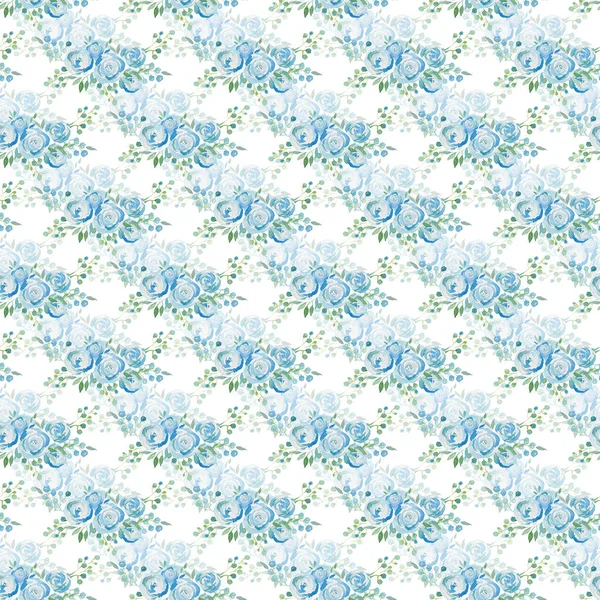 gentle blue roses, a bouquet of flowers. Seamless pattern. watercolor illustration. Textile design for printing on fabrics, wallpaper, wrapping paper.