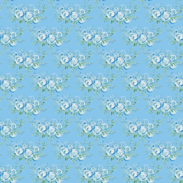 tender blue roses seamless pattern, bouquet of flowers on a blue background, watercolor illustration. Textile design for printing on fabric, wallpaper, wrapping paper. Country style, Gzhel