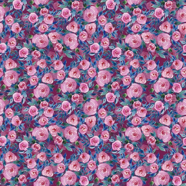 赤いバラをシームレスなパターン 水彩イラストの花の花束 ピンクと紫の色 テキスタイル 包装紙に図面の印刷印刷 — ストック写真