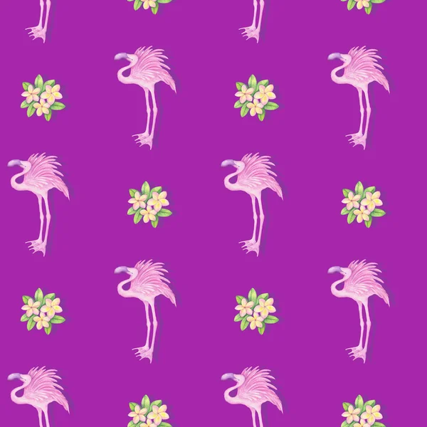 watercolor tropical pattern seamless, tropical flowers pink and pink flamingos. for printing on fabric, wallpaper, scrapbooking