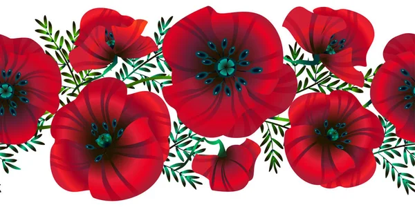 Horizontal seamless background  flowers bright red poppies, leaves and buds, vector illustration, — Stock Vector