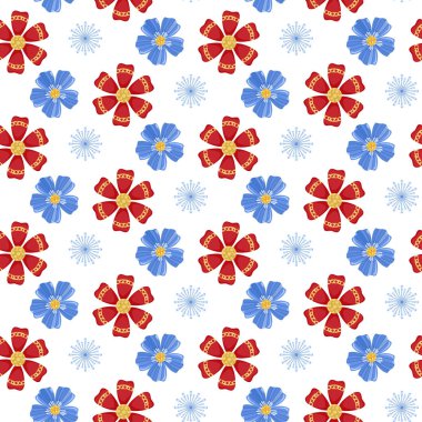 mavi ve kırmızı çiçekler, vektör seamless modeli