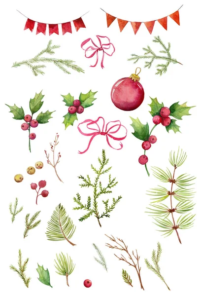 Grande Coleção Natal Elementos Decorativos Aquarela Isolados Fundo Branco Impressão — Fotografia de Stock