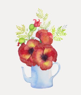 mavi bir çaydanlık, suluboya illüstrasyon kırmızı haşhaş şirin çiçekler Buket