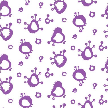 Komik Mor bakteriler, vektör çizim, kumaş, üzerine basım için dikişsiz desen duvar kağıdı. Şekil hücreleri vücudun, hastane bebek giysileri