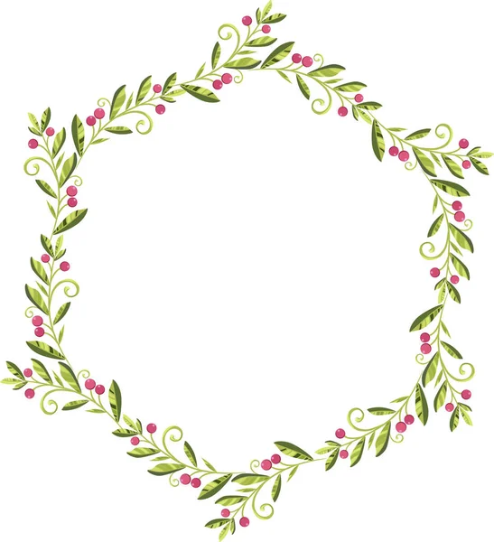Circle Wreath Green Leaves Red Berries Vector — Stock Vector
