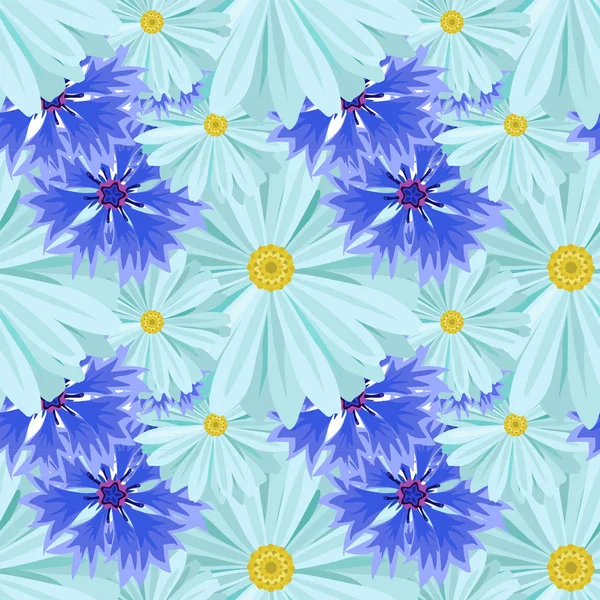 Vector Seamless Background Light Blue Daisies Blue Lilac Cornflowers — Stock Vector
