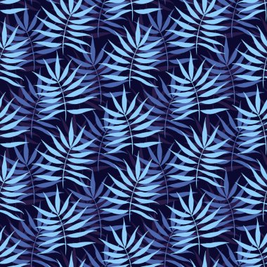 Mavi tropikal yaprak, koyu mavi arka plan seamless modeli üzerinde. Paket kağıdı, duvar kağıdı kumaş üzerine baskı için çizim