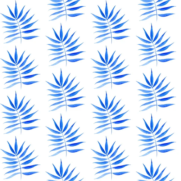 Hojas Tropicales Azules Patrón Acuarela Sin Costuras Dibujo Para Imprimir —  Fotos de Stock