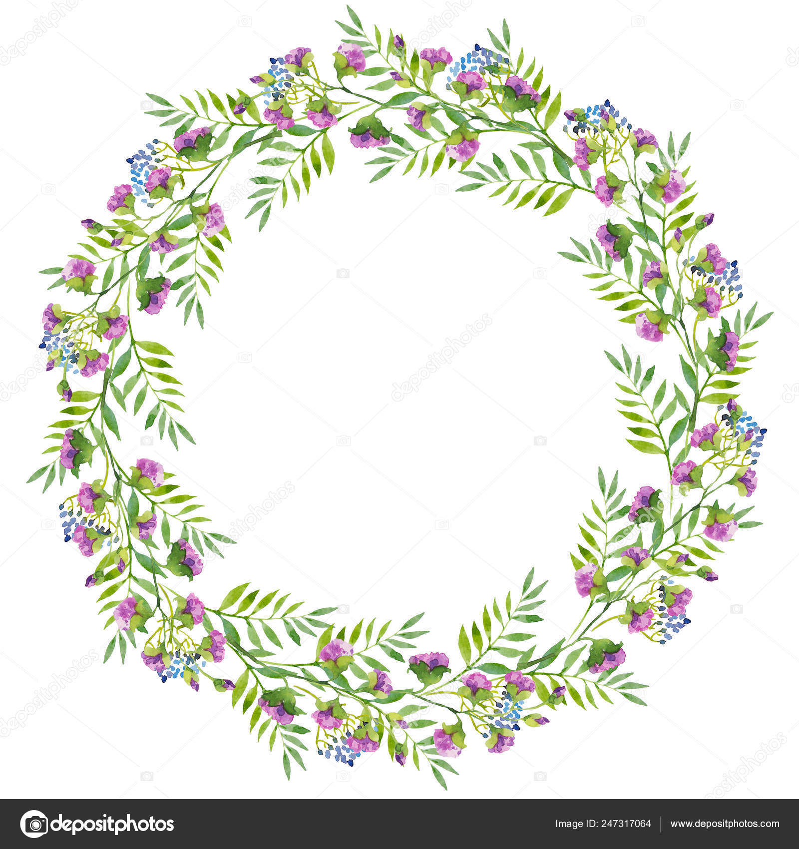 Bright Wreath Branches Purple Flowers Green Leaves Blue Berries