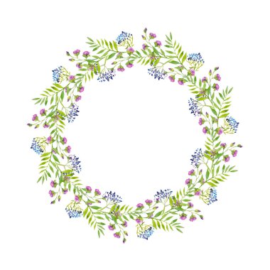 Kıvırcık pembe ve mavi mor çiçekler ve yeşil yaprakları, suluboya illüstrasyon parlak hassas çelenk. El çizimi baskı, selamlar, logolar için