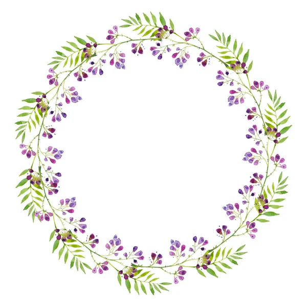 Una Corona Brillante Ramas Flores Púrpuras Hojas Verdes Ilustración Acuarela — Foto de Stock