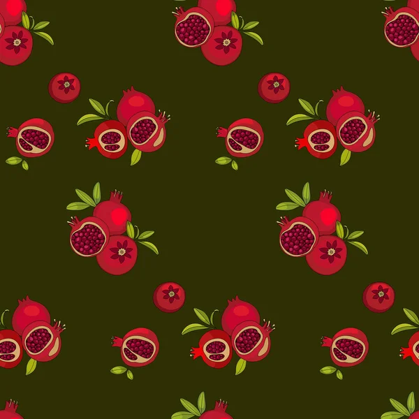 Red pomegranate fruits on green background, vector seamless pattern.  for printing on fabrics, decor, backgrounds. — Stock Vector