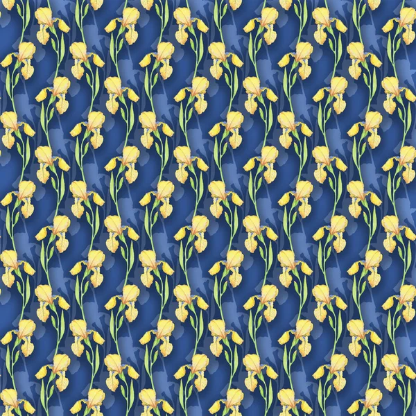 Giallo iris modello senza soluzione di continuità su uno sfondo blu, acquerello illustrazione fiori . — Foto Stock