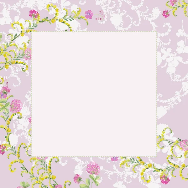 Marco cuadrado rosa acuarela flores de trébol rosa y veza amarilla. Dibujo a mano para tarjetas, invitaciones, decoración — Foto de Stock