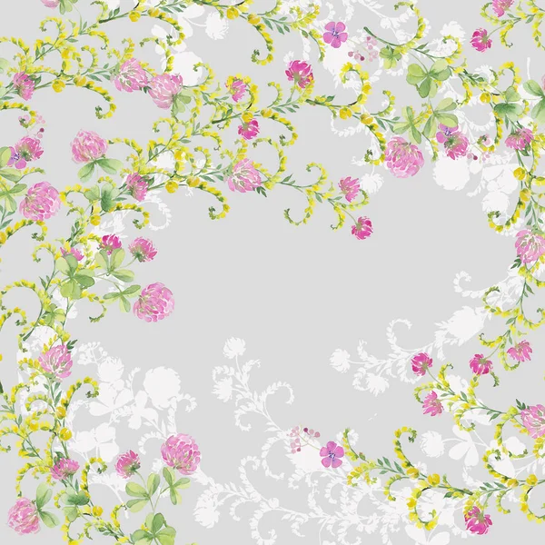 Keret akvarell virágok rózsaszín lóhere és sárga bükköny. — Stock Fotó