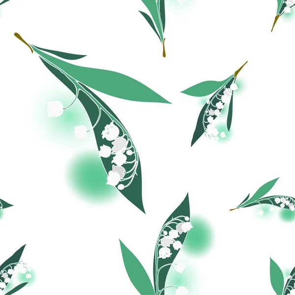 Convallaria majalis, Lilly del valle flores y hojas, patrón de vectores sin costuras — Vector de stock