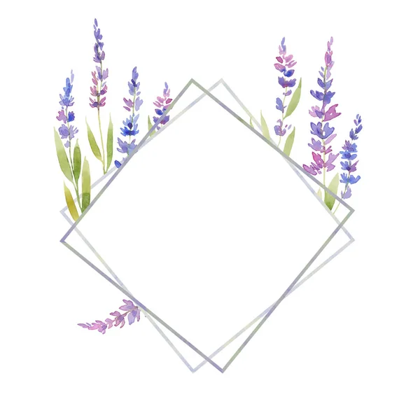 Watercolor lavender frame of flowers. floral provencal style design .