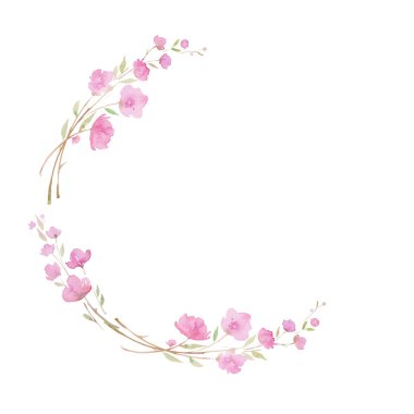 Yuvarlak çelenk, Kiraz çiçeği ile çerçeve, sakura, pembe çiçekler, suluboya illüstrasyon ile şube.