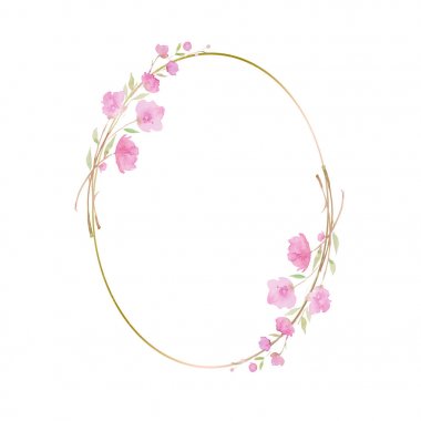 Yuvarlak çelenk, Kiraz çiçeği ile çerçeve, sakura, pembe çiçekler, suluboya illüstrasyon ile şube.