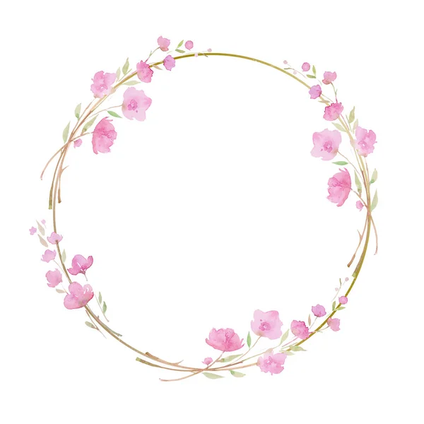 Kulatý věnec, rám s Kvetoucí třešeň, Sakura, větev s růžovými květy, akvarel. — Stock fotografie