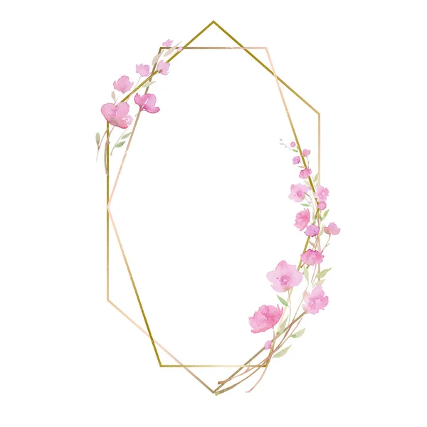 Rahmen mit Kirschblüte, Sakura, Zweig mit rosa Blüten, Aquarell-Illustration. — Stockfoto