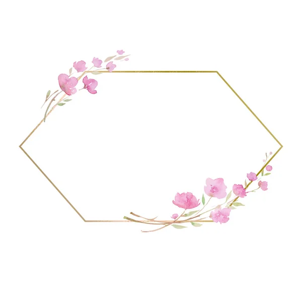 Rahmen mit Kirschblüte, Sakura, Zweig mit rosa Blüten, Aquarell-Illustration. — Stockfoto