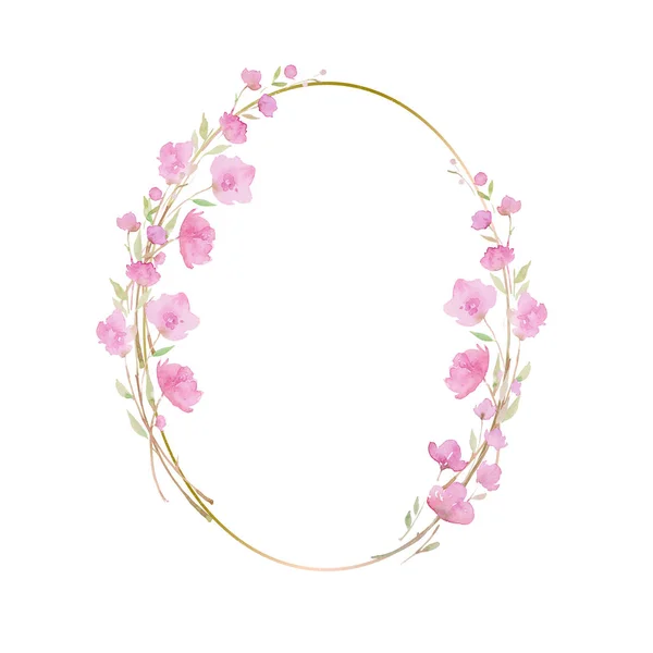 Runder Kranz, Rahmen mit Kirschblüte, Sakura, Zweig mit rosa Blüten, Aquarell-Illustration. — Stockfoto
