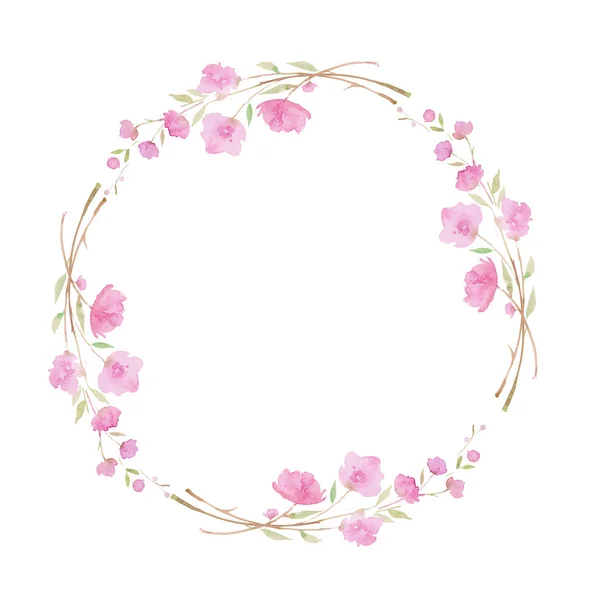 Круглий вінок, рамка з вишневим цвітом, сакура, гілка з рожевими квітами, акварельна ілюстрація . — стокове фото